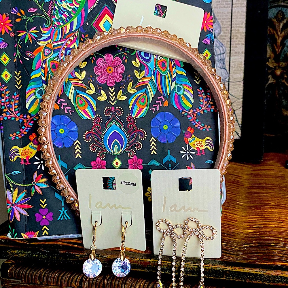 I AM- Rose Gold Headband TWO Earrings Set; beautiful crystals & bows !!